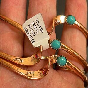 Vintage Native Navajo Copper & Turquoise Cuff Bracelet – Signed Yolanda Skeets,